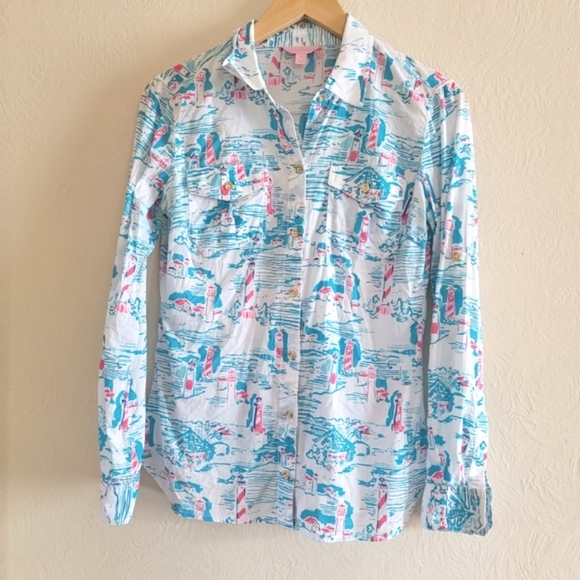 Lilly Pulitzer, Cruiser Botton-down Shirt, Watch Out Lighthouse‎ Print, Size 4 - Picture 1 of 10